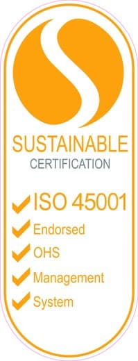 ISO 45001:2018 certification mark issued by Sustainable Certification Pty Ltd