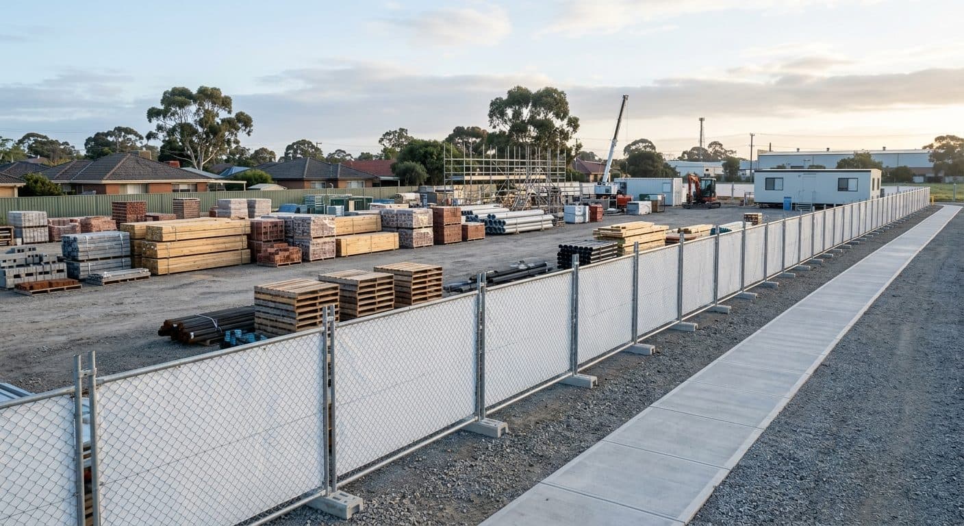A well run construction site perimeter at first light, with straight temporary fencing, neatly bundled materials and clear ground.